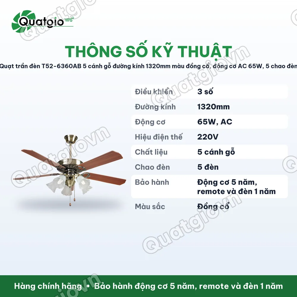Thông số kỹ thuật Quạt trần đèn T52-6360AB