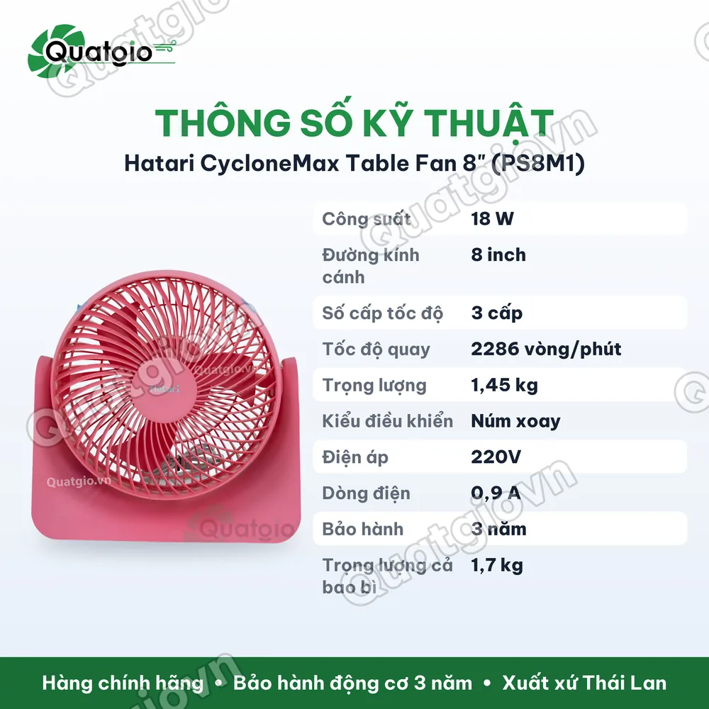 Thông số kỹ thuật Quạt bàn Hatari PS8M1
