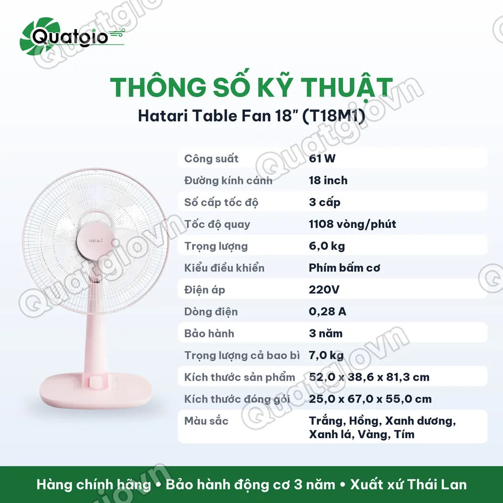 Thông số kỹ thuật Quạt bàn Thái Hatari T18M1