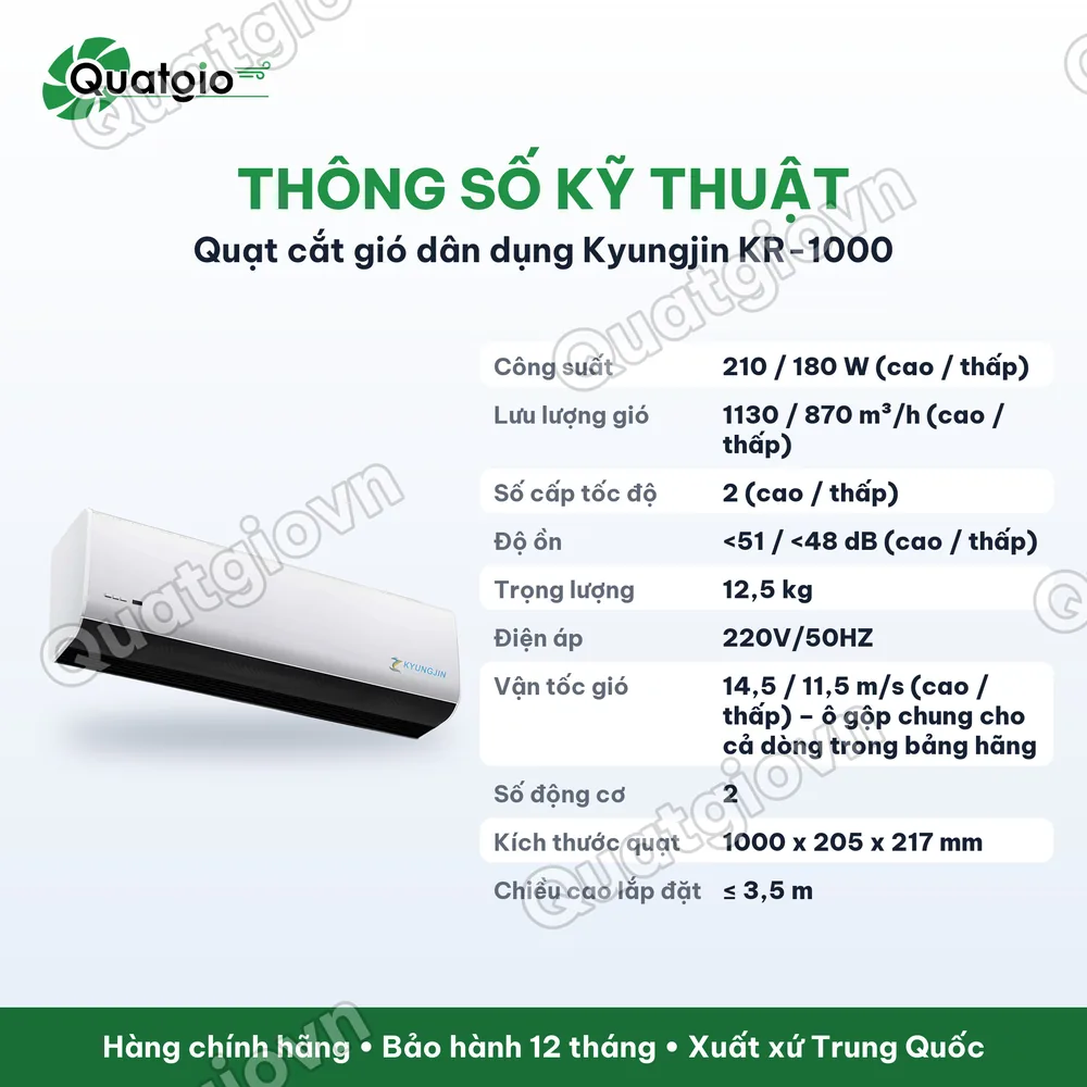 Thông số kỹ thuật Quạt cắt gió KYUNGJIN KR-900/KR-1000/KR-1200/KR-1500/KR-1800
