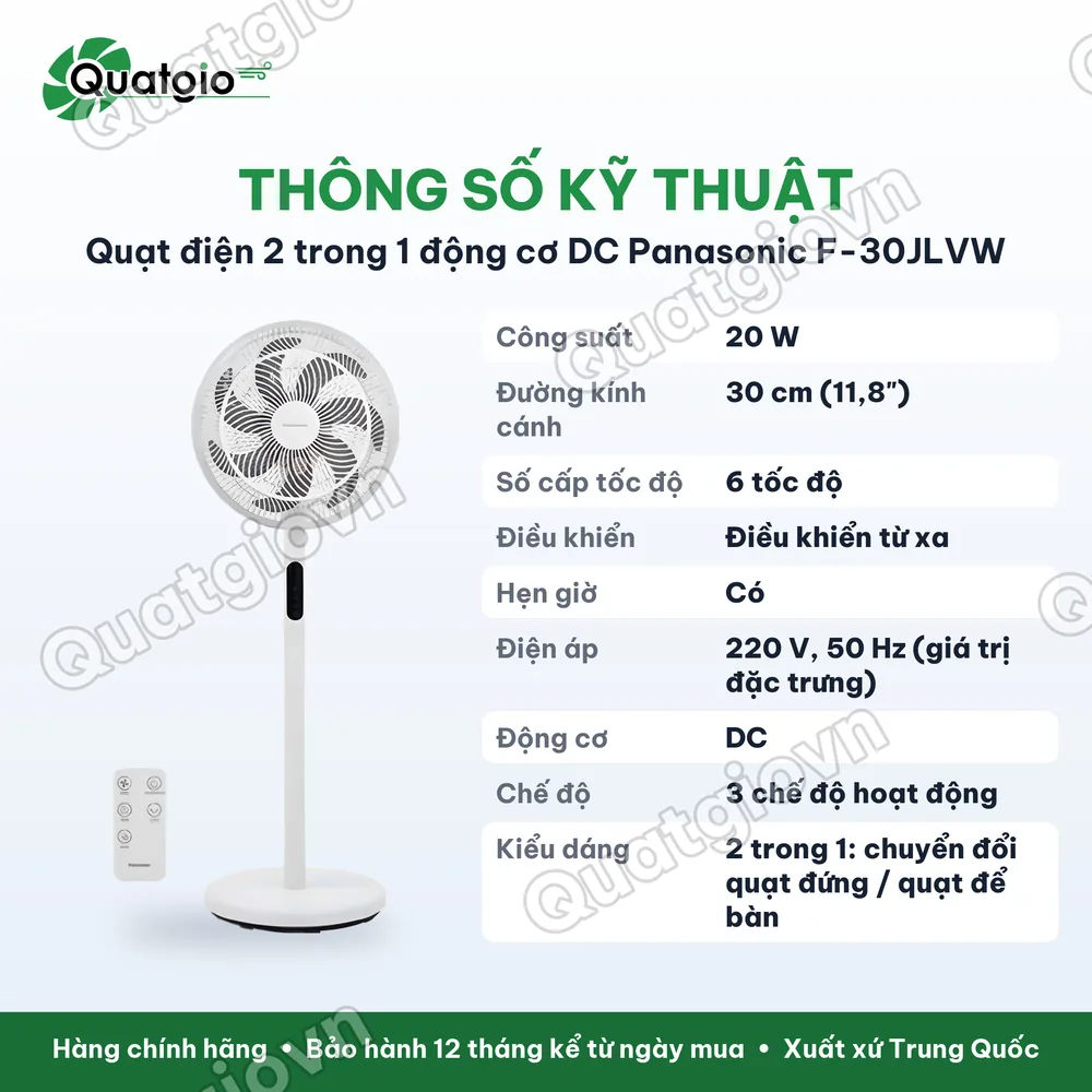 Thông số kỹ thuật Quạt cây đứng Panasonic F-30JLVW / F-30JLVG 7 cánh – Động cơ DC siêu tiết kiệm, công nghệ gió 1/f Yuragi