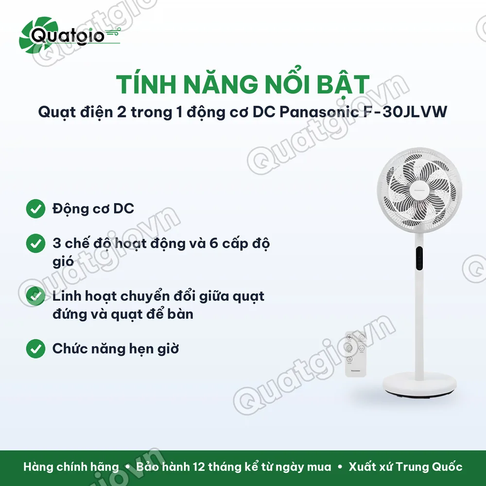 Tính năng nổi bật Quạt cây đứng Panasonic F-30JLVW / F-30JLVG 7 cánh – Động cơ DC siêu tiết kiệm, công nghệ gió 1/f Yuragi
