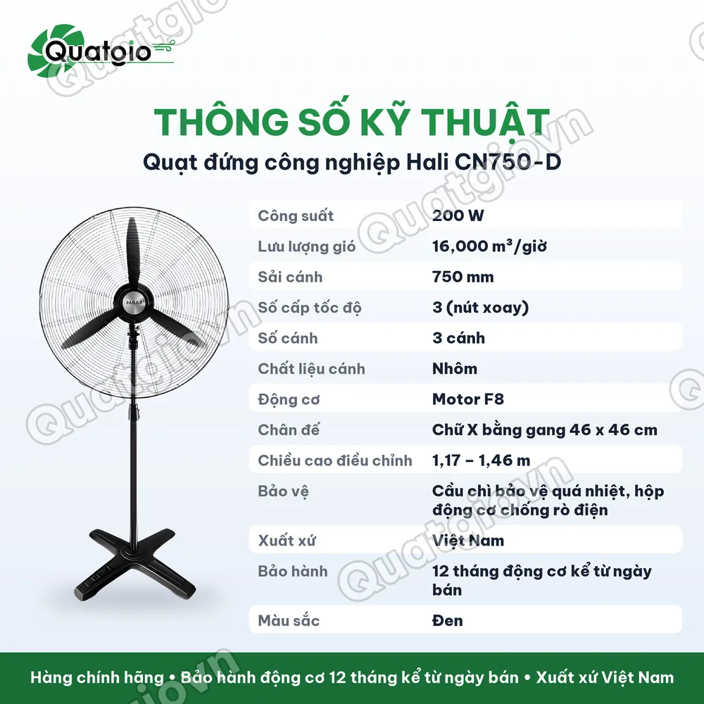 Thông số kỹ thuật Quạt đứng công nghiệp HALI CN750-D