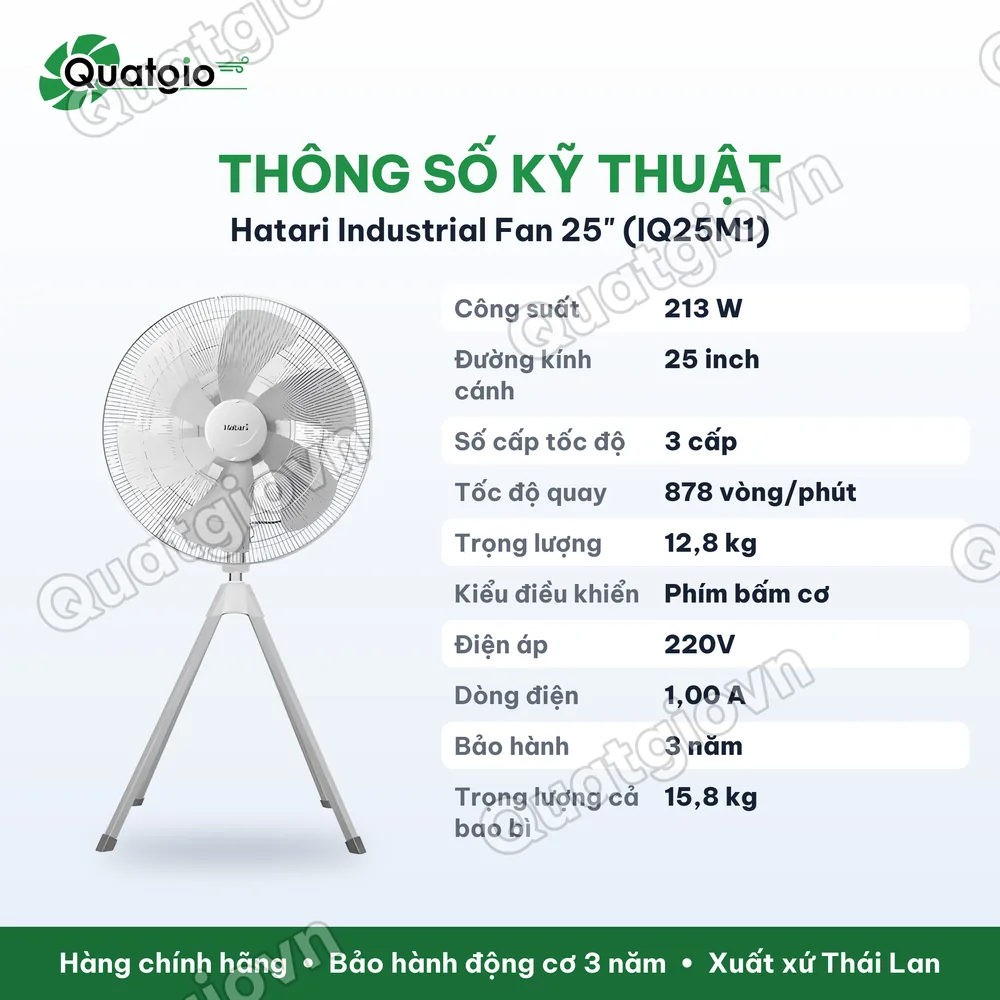 Thông số kỹ thuật Quạt Thái Lan đứng công nghiệp Hatari IQ25M1