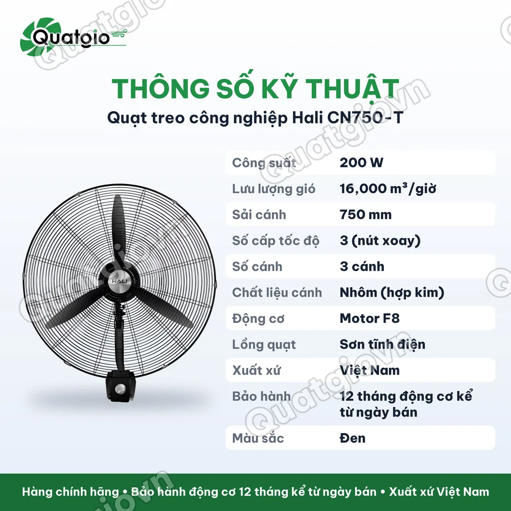 Thông số kỹ thuật Quạt công nghiệp treo Hali CN750-T 200W