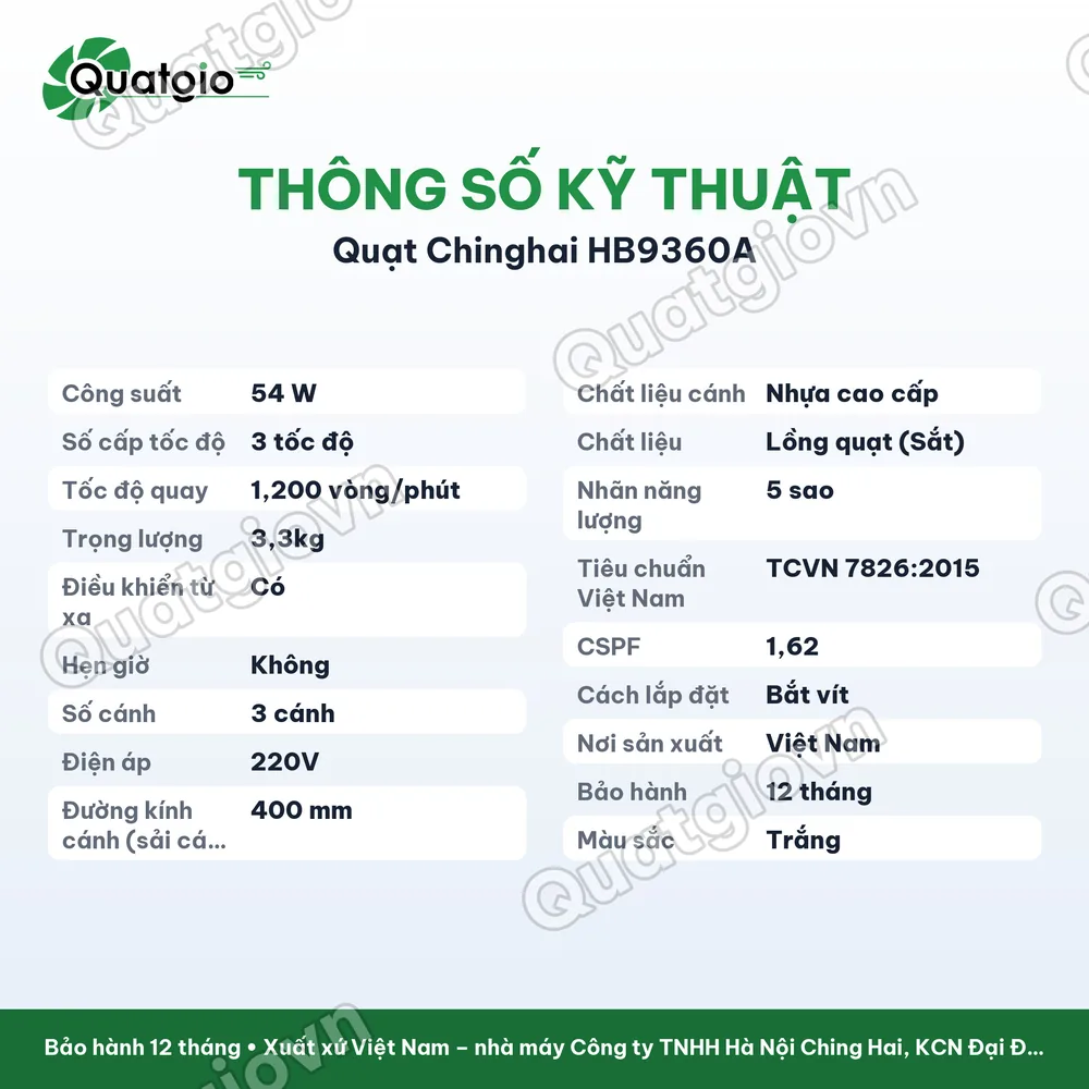 Thông số kỹ thuật Quạt đảo trần chinghai HB9360A