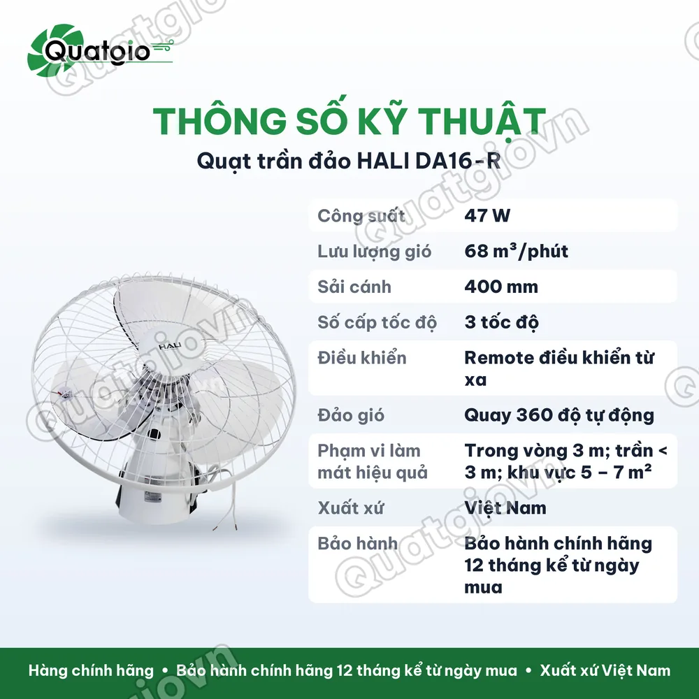 Thông số kỹ thuật Quạt đảo trần Hali DA16R có remote
