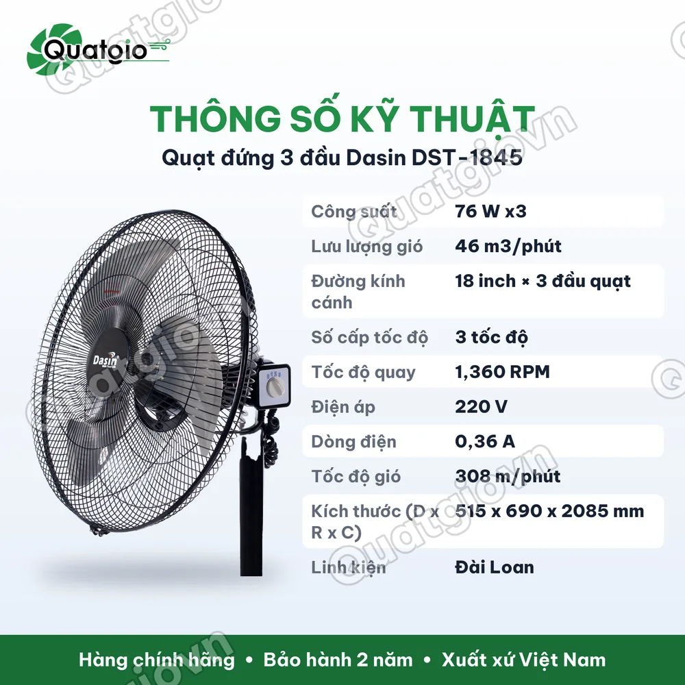 Thông số kỹ thuật Quạt đứng công nghiệp Ba Đầu Dasin DST-1845