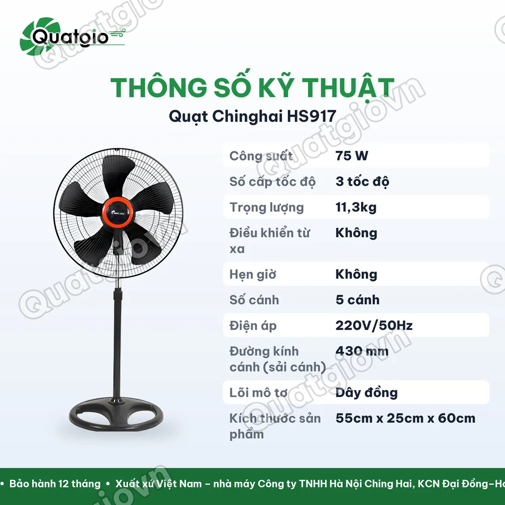 Thông số kỹ thuật Quạt đứng ChingHai HS917