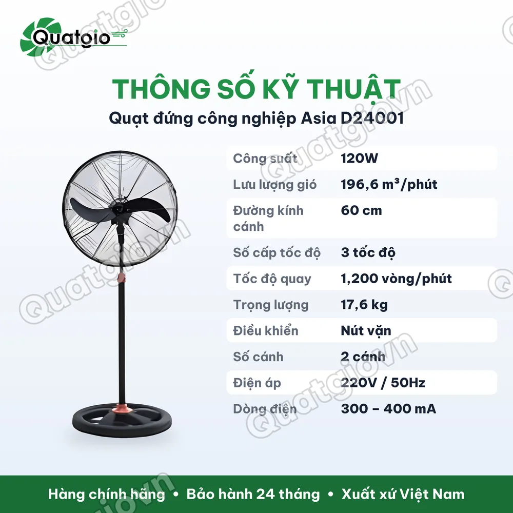 Thông số kỹ thuật Quạt đứng công nghiệp ASIA D24001