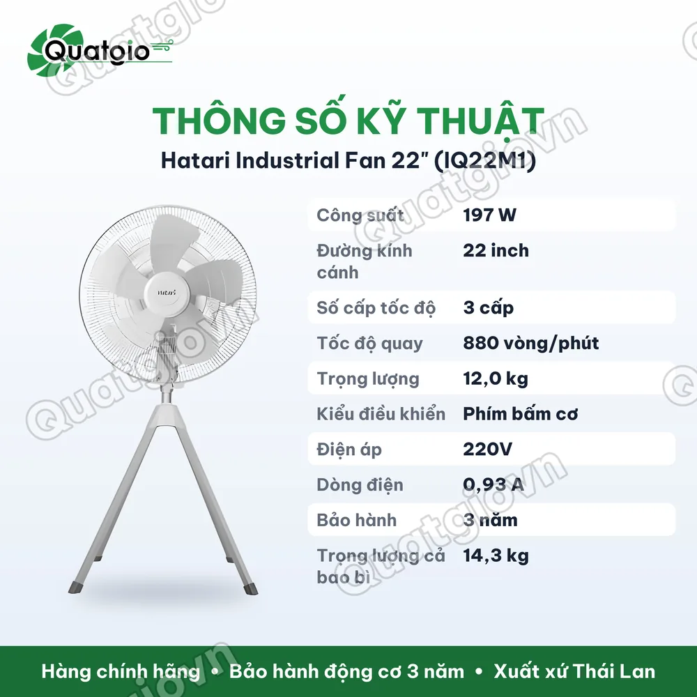 Thông số kỹ thuật Quạt Thái Lan đứng công nghiệp Hatari IQ22M1