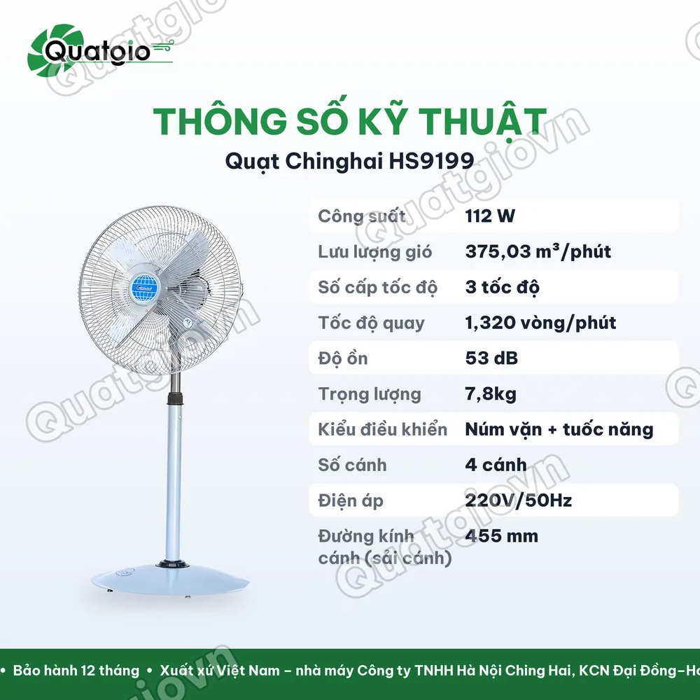 Thông số kỹ thuật Quạt đứng công nghiệp Ching Hai HS9199