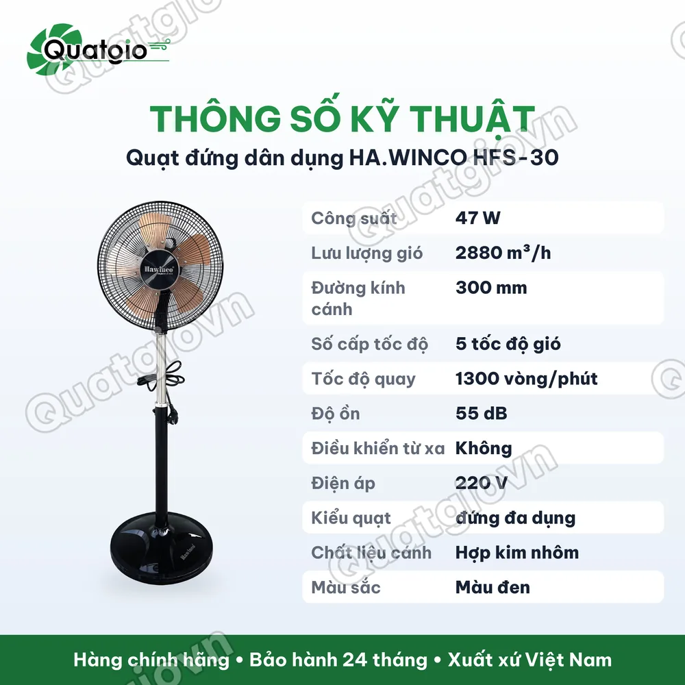 Thông số kỹ thuật Quạt đứng bán công nghiệp Hawin.co HFS-30 / HFS-35 / HFS-40 / HFS-45