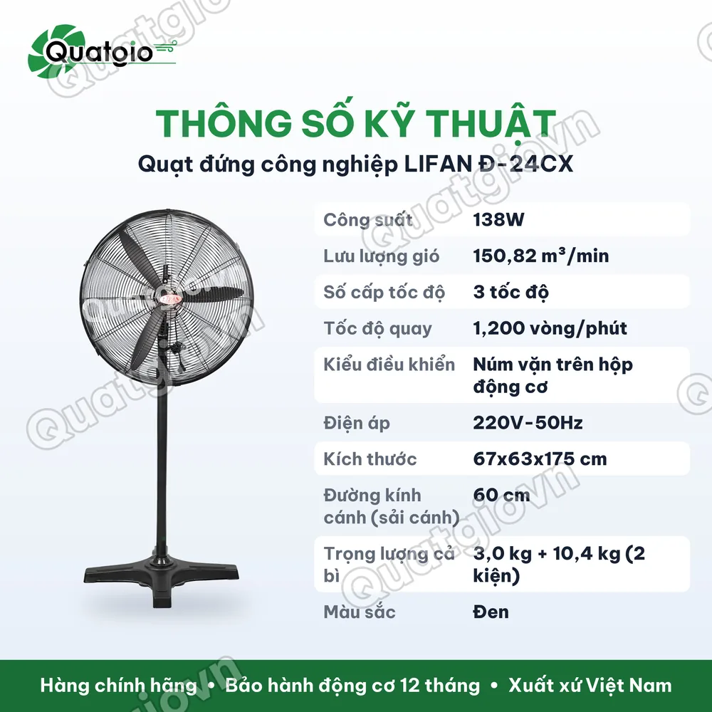 Thông số kỹ thuật Quạt đứng công nghiệp LIFAN Đ-24CX