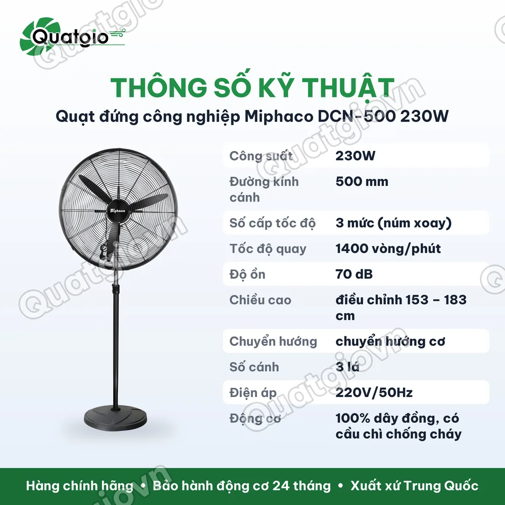 Thông số kỹ thuật Quạt đứng công nghiệp Miphaco DCN-500