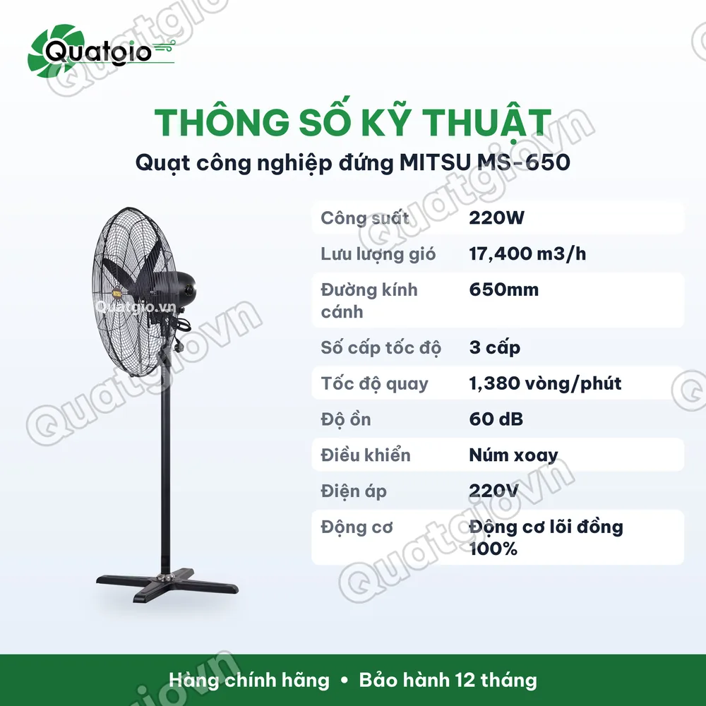Thông số kỹ thuật Quạt đứng công nghiệp MITSU MS-650