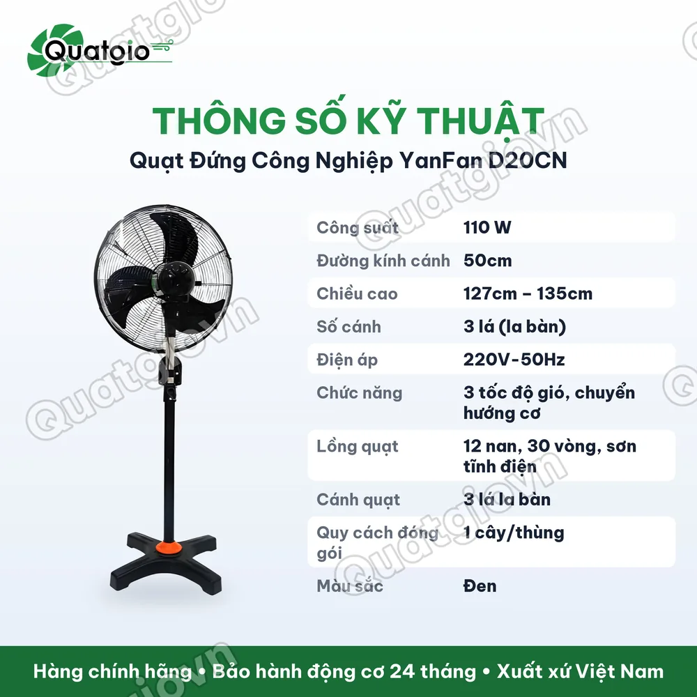 Thông số kỹ thuật Quạt đứng công nghiệp Yanfan D20CN công suất 110W