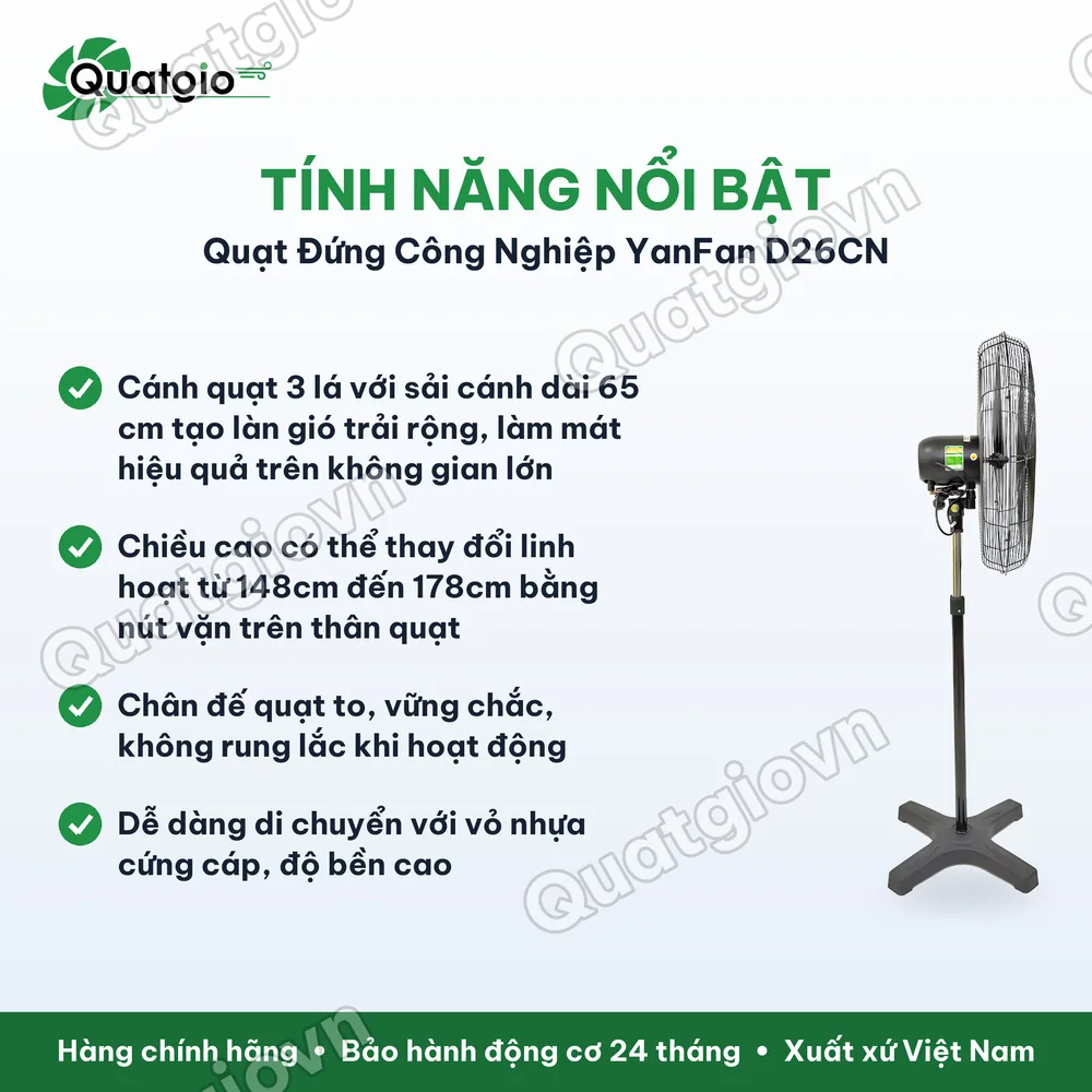 Tính năng nổi bật Quạt đứng công nghiệp Yanfan D26CN công suất 150W