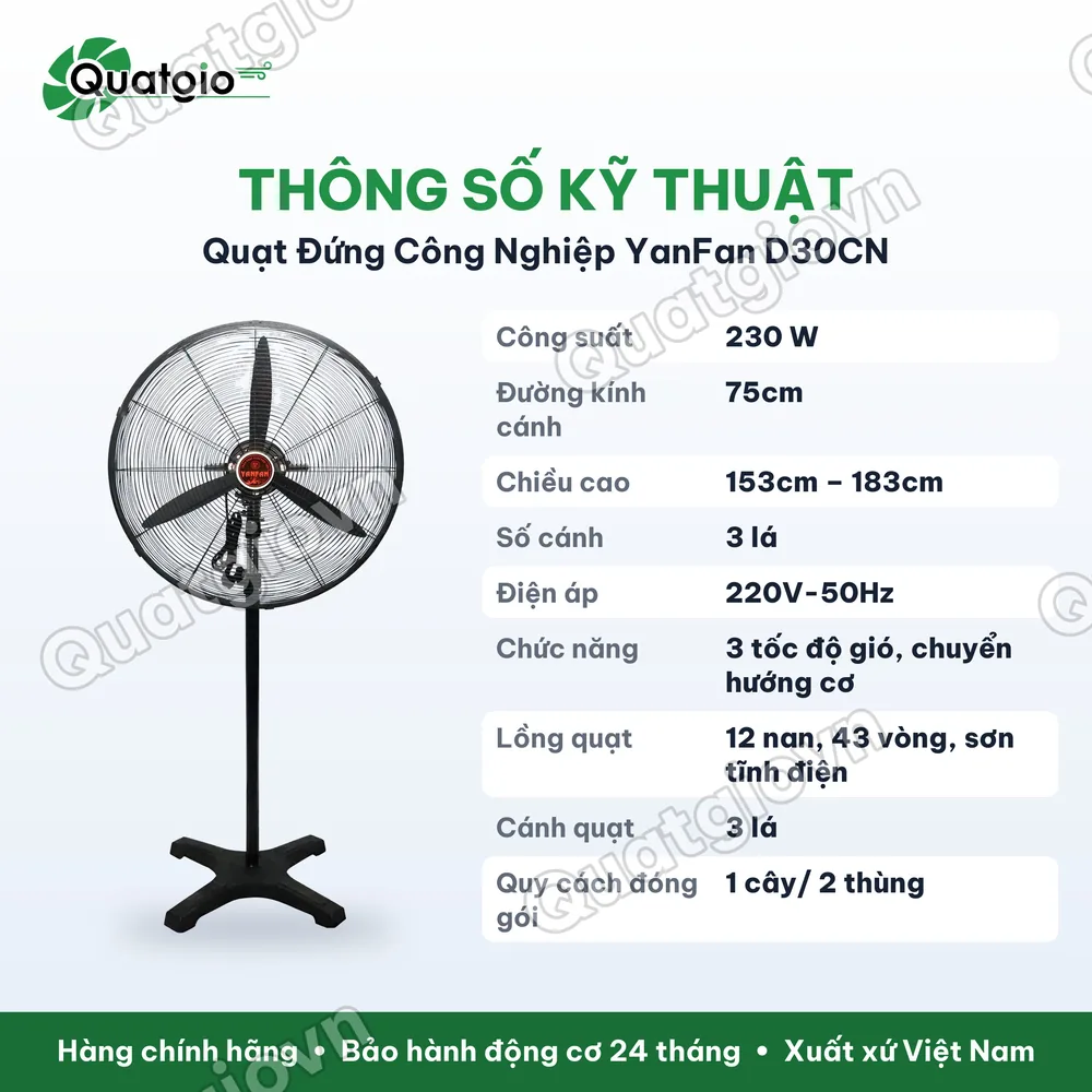 Thông số kỹ thuật Quạt đứng công nghiệp Yanfan D30CN công suất 230W