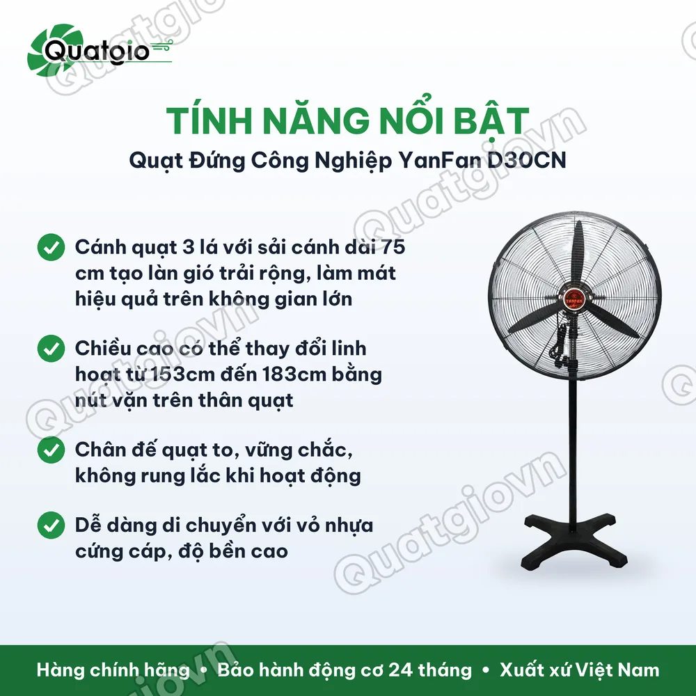 Tính năng nổi bật Quạt đứng công nghiệp Yanfan D30CN công suất 230W