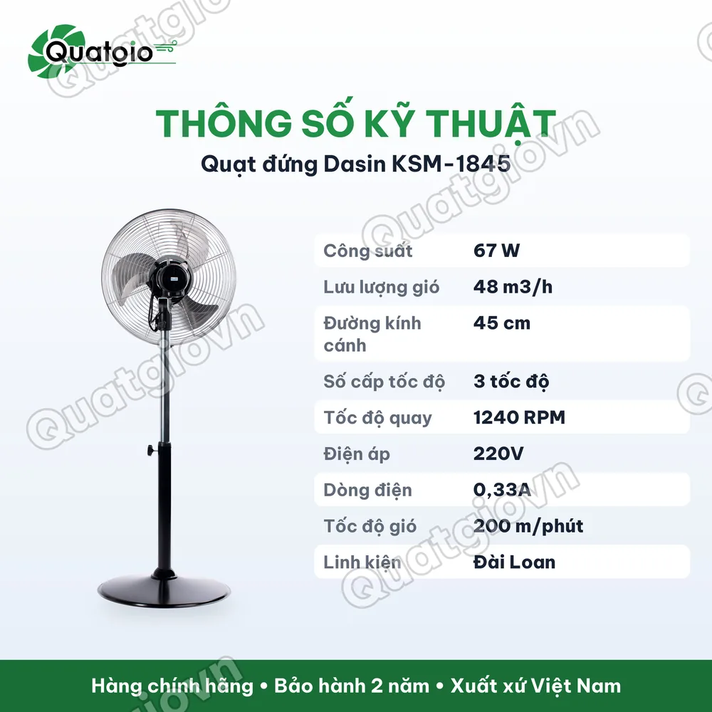 Thông số kỹ thuật Quạt đứng Dasin KSM-1845