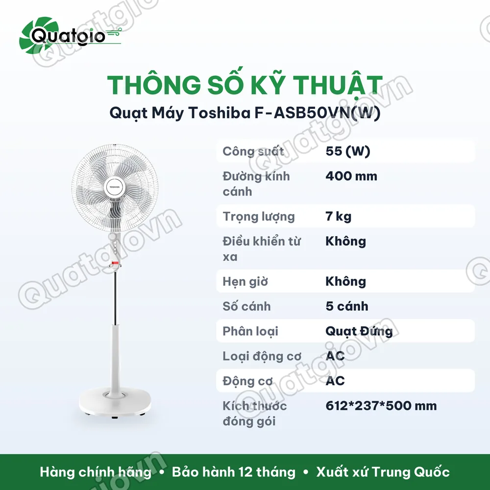 Thông số kỹ thuật Quạt đứng lốc xoáy Toshiba F-ASB50VN(W) 55w