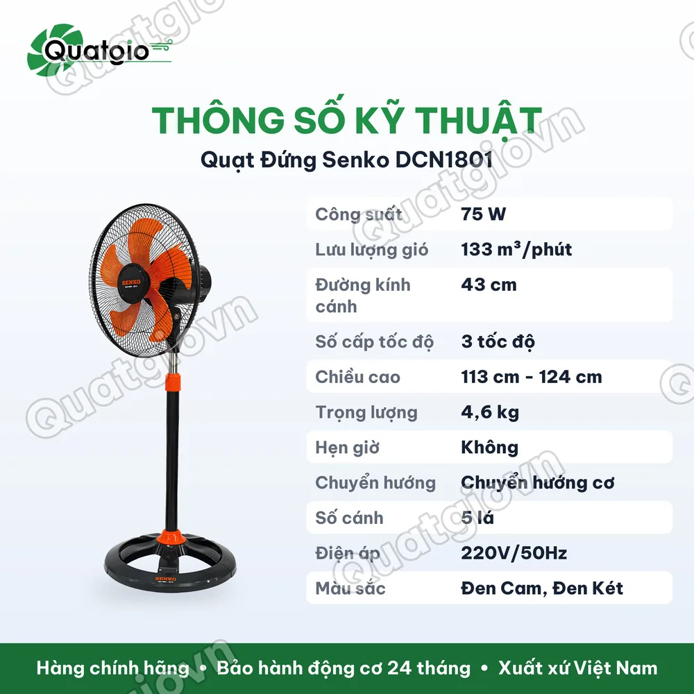 Thông số kỹ thuật Quạt đứng Senko DCN1801 75W