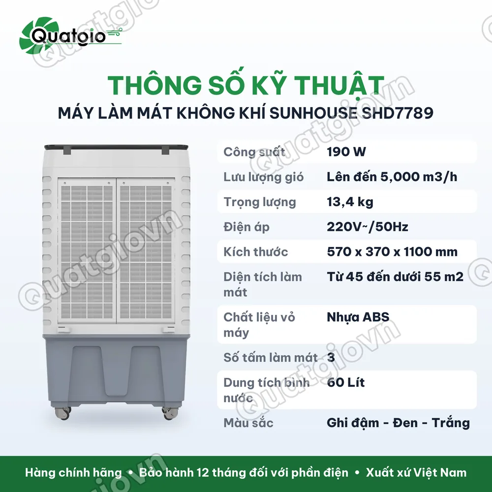 Thông số kỹ thuật Quạt hơi nước SUNHOUSE SHD7789