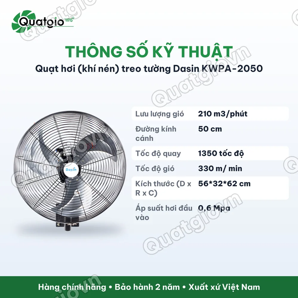 Thông số kỹ thuật Quạt hơi khí nén treo tường công nghiệp Dasin KWPA 2050