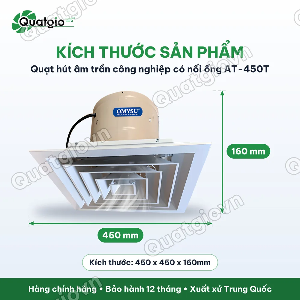 Kích thước Quạt hút âm trần công nghiệp có nối ống Omysu AT-450T / AT-600T