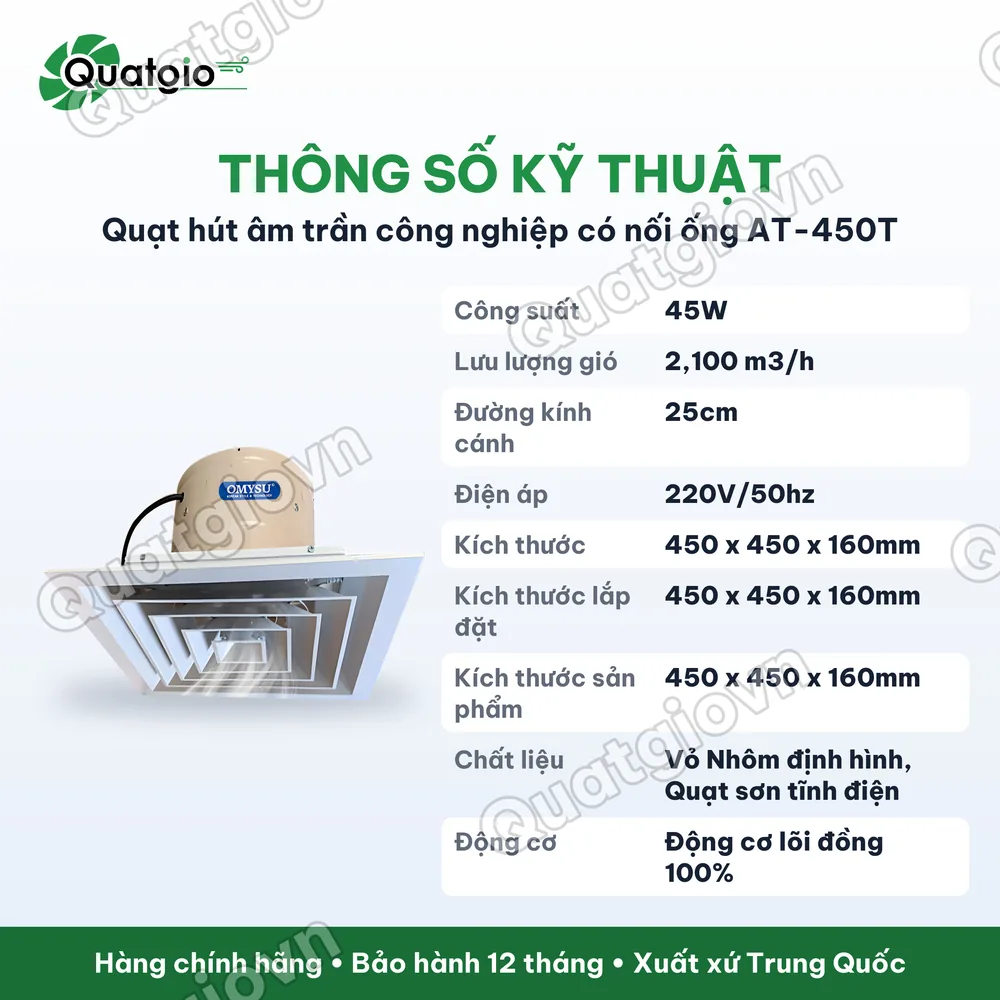 Thông số kỹ thuật Quạt hút âm trần công nghiệp có nối ống Omysu AT-450T / AT-600T