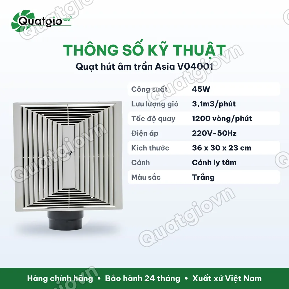 Thông số kỹ thuật Quạt hút trần ASIA V04001