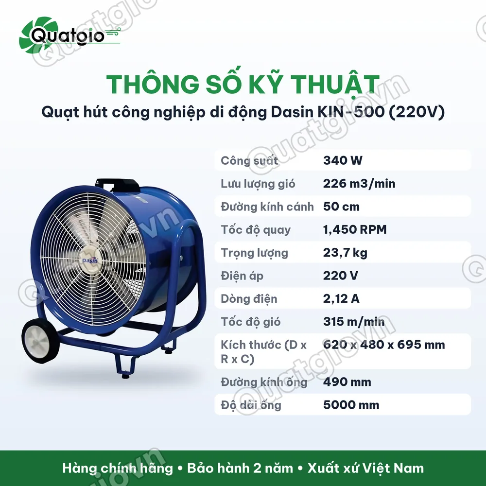 Thông số kỹ thuật Quạt thông gió di động Dasin KIN-500