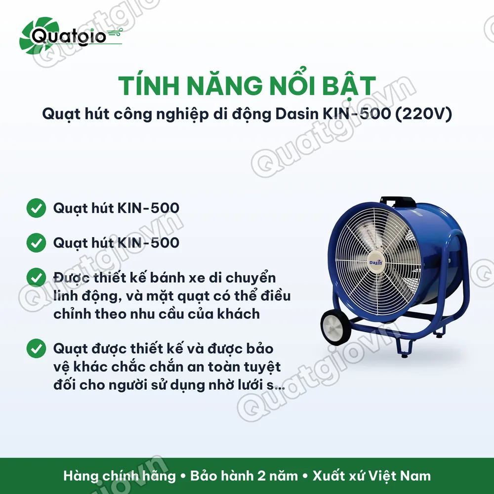 Tính năng nổi bật Quạt thông gió di động Dasin KIN-500