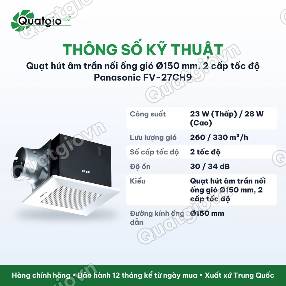 Thông số kỹ thuật Quạt hút gắn trần Panasonic FV-27CH9
