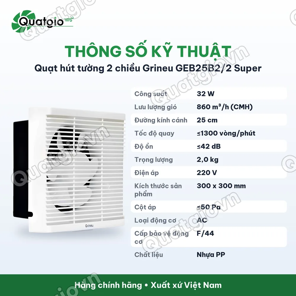Thông số kỹ thuật Quạt hút tường Grineu GEB25B2/2