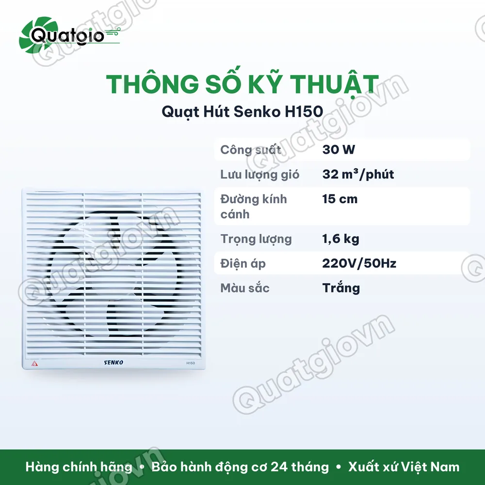 Thông số kỹ thuật Quạt hút tường Senko H150 30w