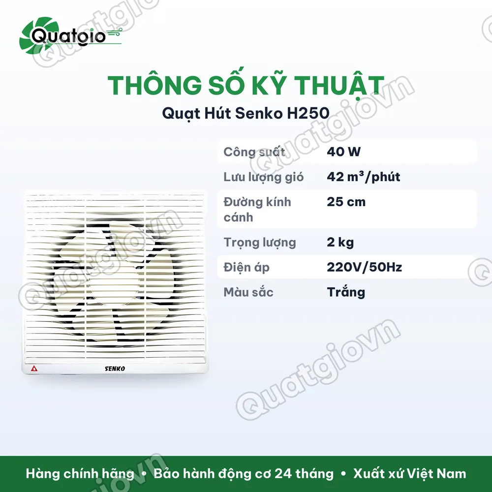 Thông số kỹ thuật Quạt hút tường Senko H250 40w