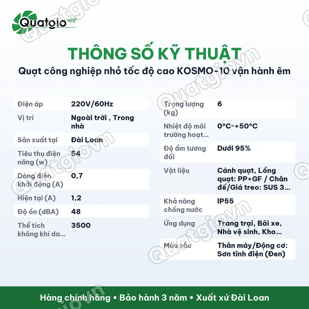 Thông số kỹ thuật Quạt làm mát công nghiệp KOSMO-10