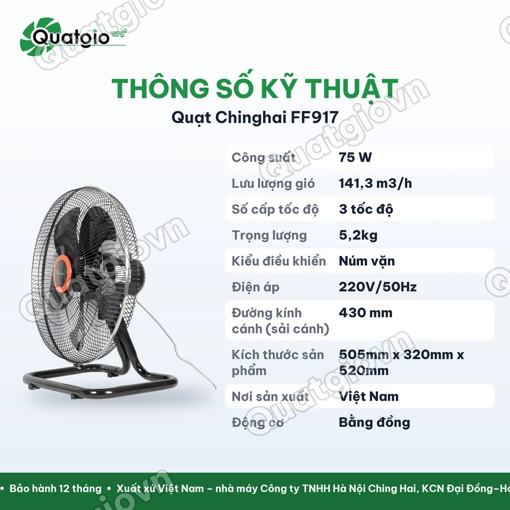 Thông số kỹ thuật Quạt sàn Chinghai FF917