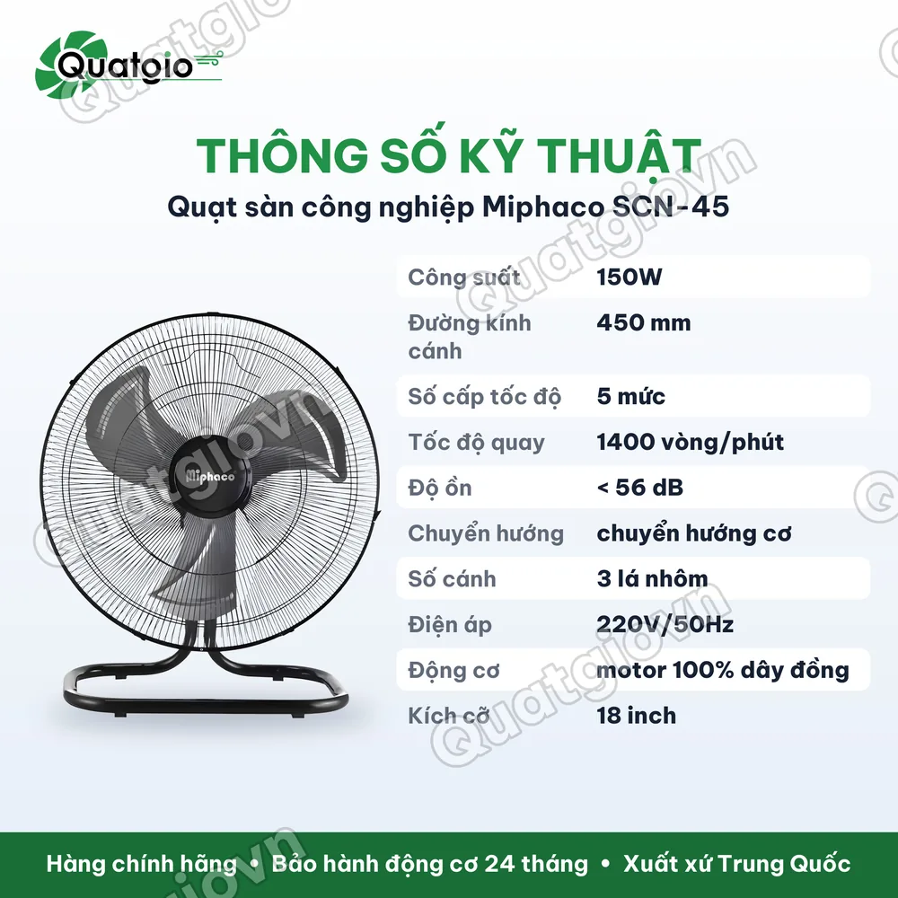 Thông số kỹ thuật Quạt sàn công nghiệp Miphaco SCN-45