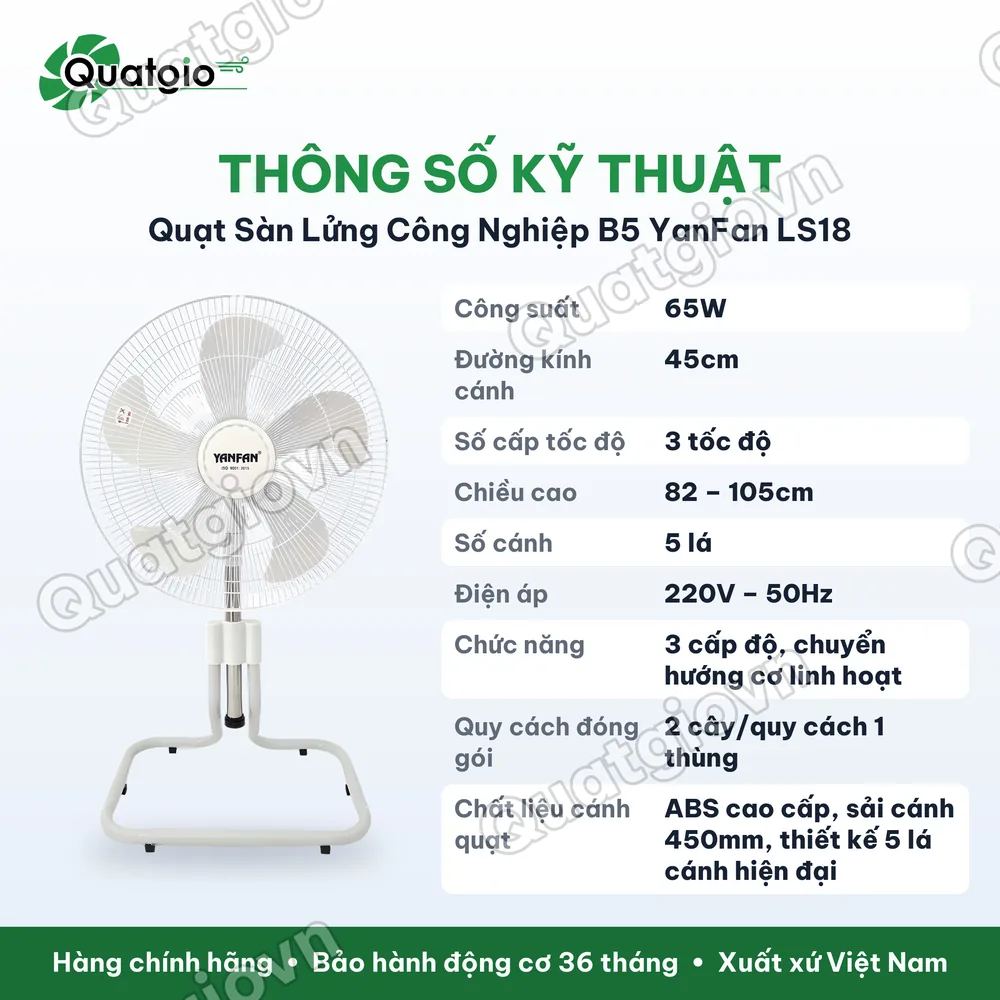 Thông số kỹ thuật Quạt sàn lửng B5 Yanfan LS18 công suất 65W