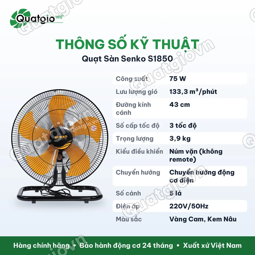 Thông số kỹ thuật Quạt sàn Senko S1850 -75W
