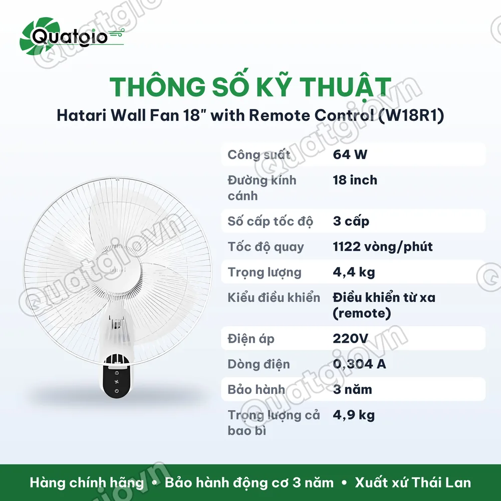 Thông số kỹ thuật Quạt Thái Lan treo tường Hatari W18R1 64w 18"