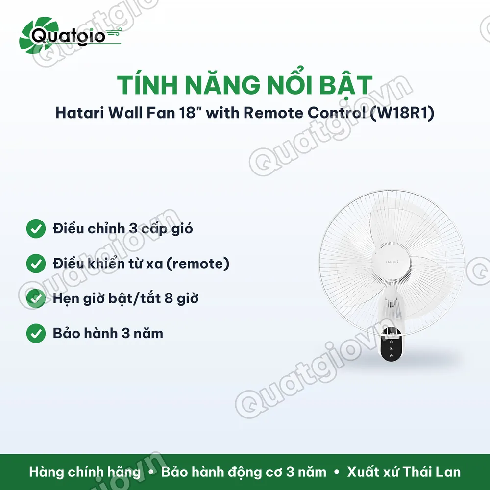 Tính năng nổi bật Quạt Thái Lan treo tường Hatari W18R1 64w 18"