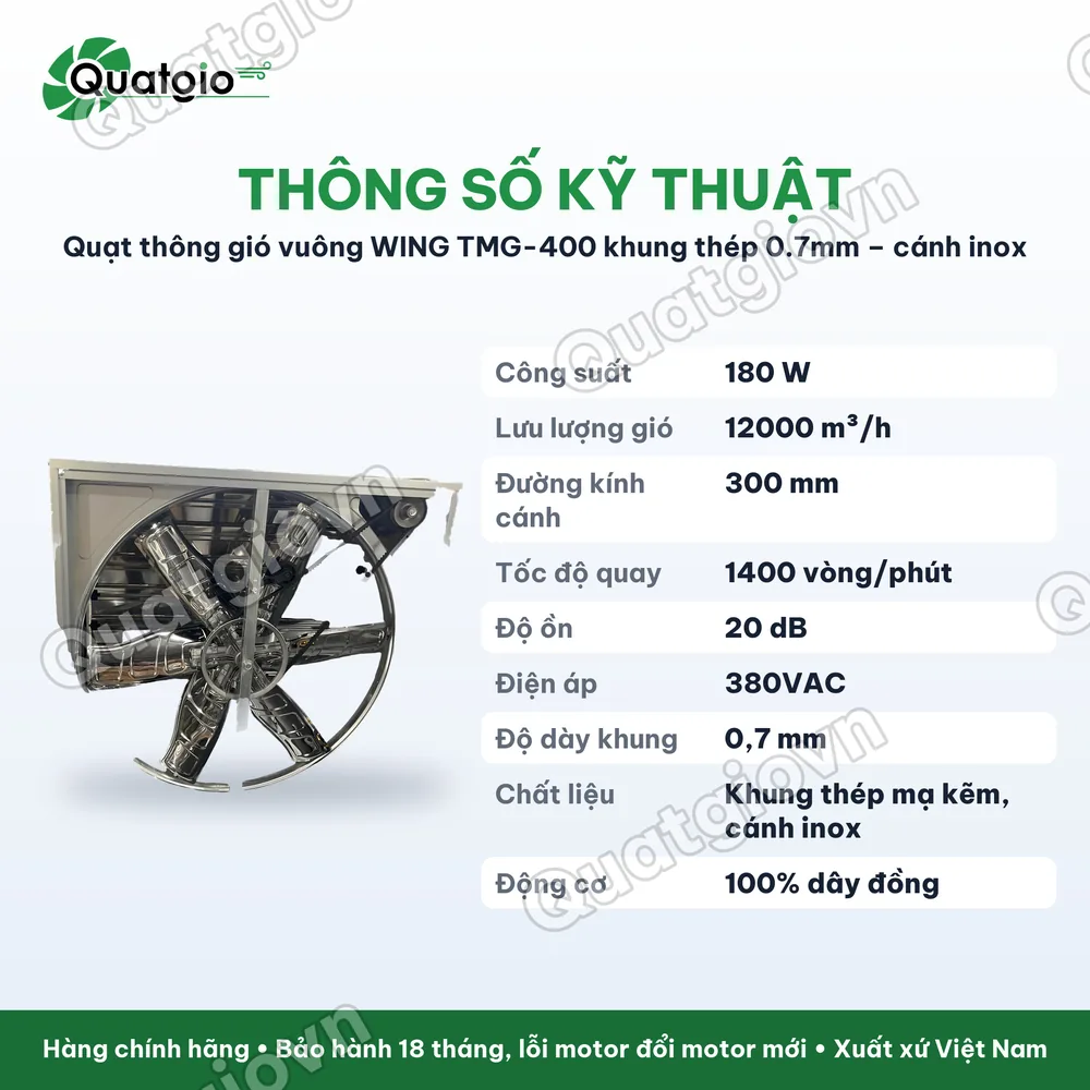 Thông số kỹ thuật Quạt thông gió công nghiệp Wing TMG-400 / TMG-500 / TMG-600 / TMG-700 / TMG-800 / TMG-900 / TMG-1000 / TMG-1100 / TMG-1220 / TMG-1380 TMG-1530