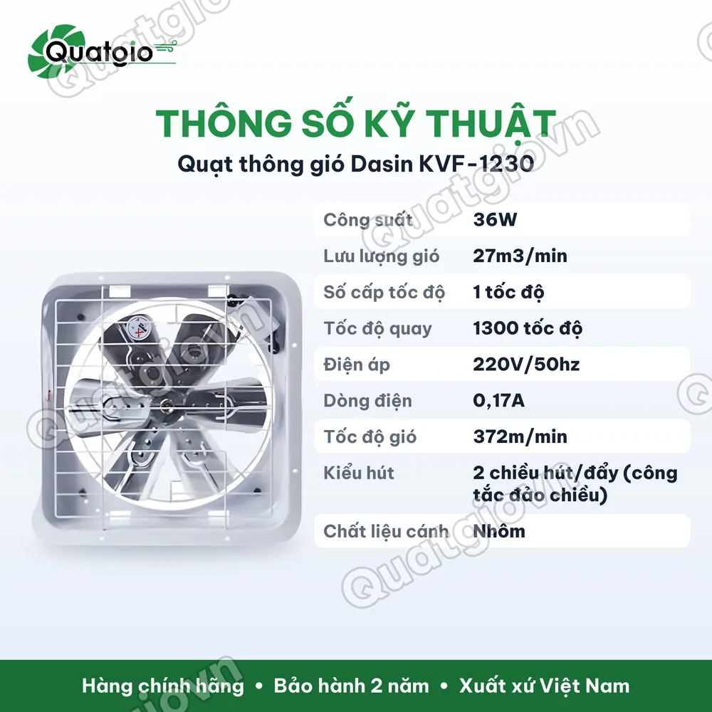 Thông số kỹ thuật Quạt Thông Gió Dasin KVF-1230