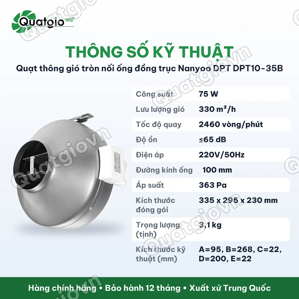 Thông số kỹ thuật Quạt thông gió tròn nối ống đồng trục Nanyoo