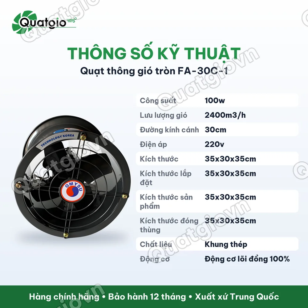 Thông số kỹ thuật Quạt thông gió tròn Omysu FA-30C-1