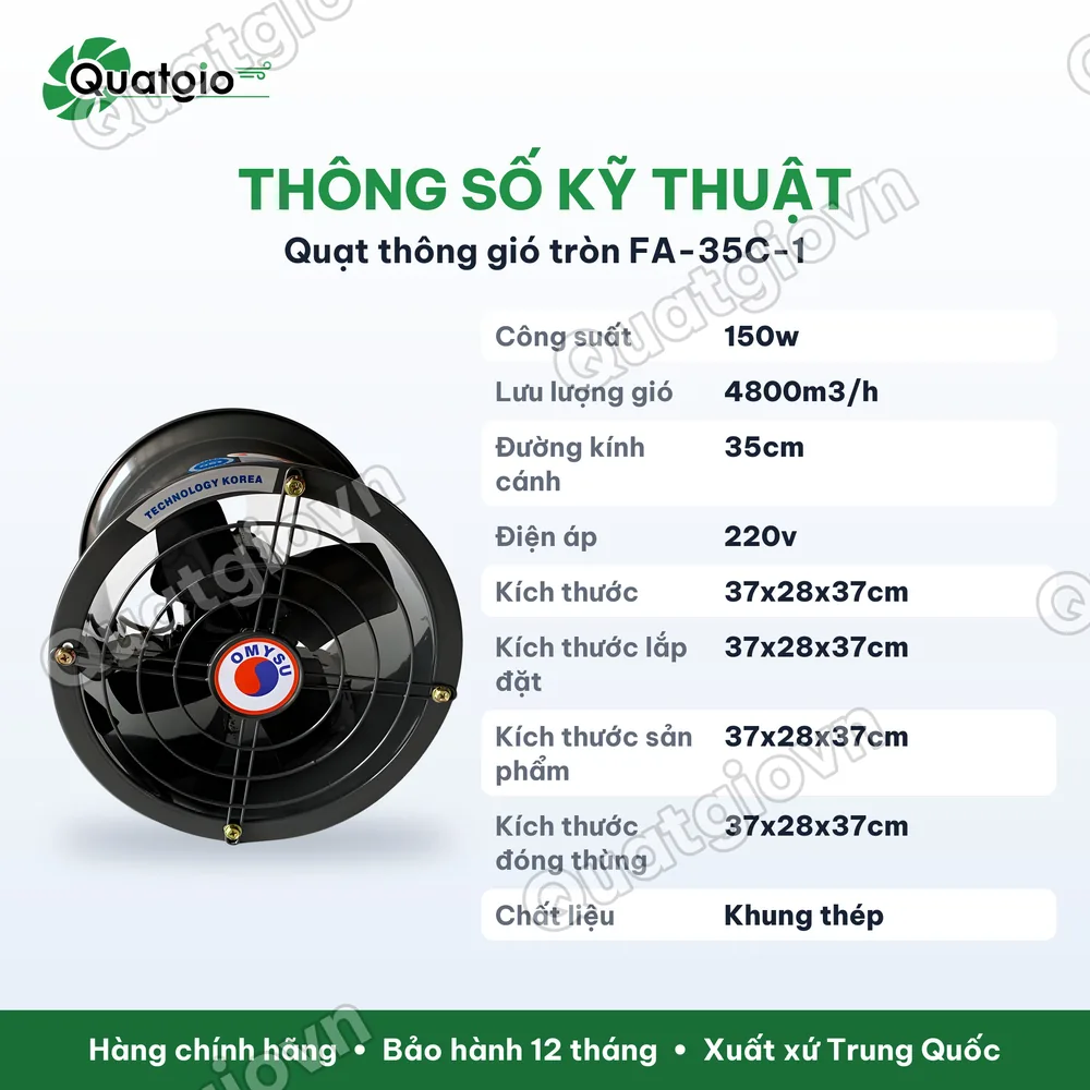 Thông số kỹ thuật Quạt thông gió tròn Omysu FA-35C-1